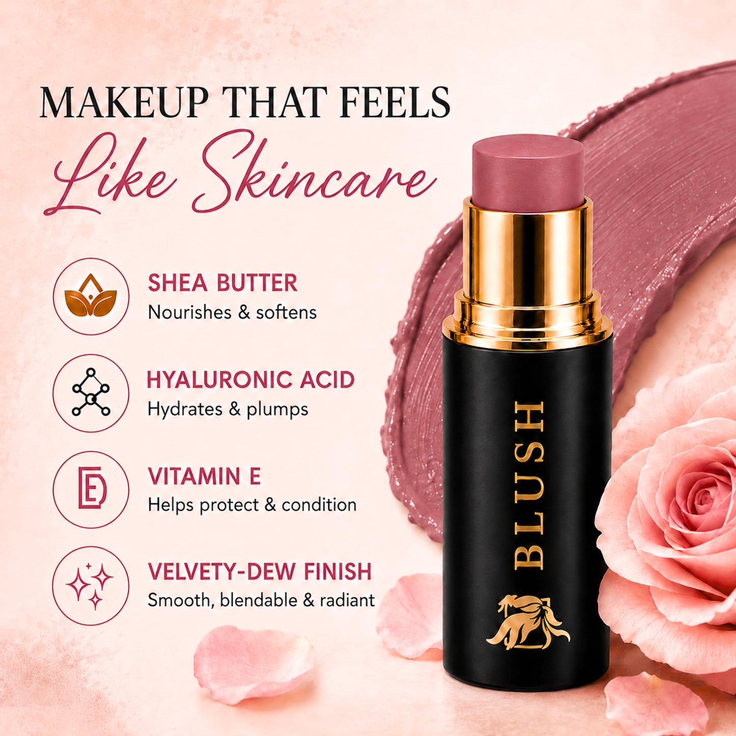 Cream Blush Stick by Phoenix Beauty – 3-in-1 Cheek, Lip & Eye Color | High Pigment, Hydrating Formula with Shea Butter & Hyaluronic Acid | Multi-Use Makeup Stick for Dewy Skin (Wild Rose, Regular)