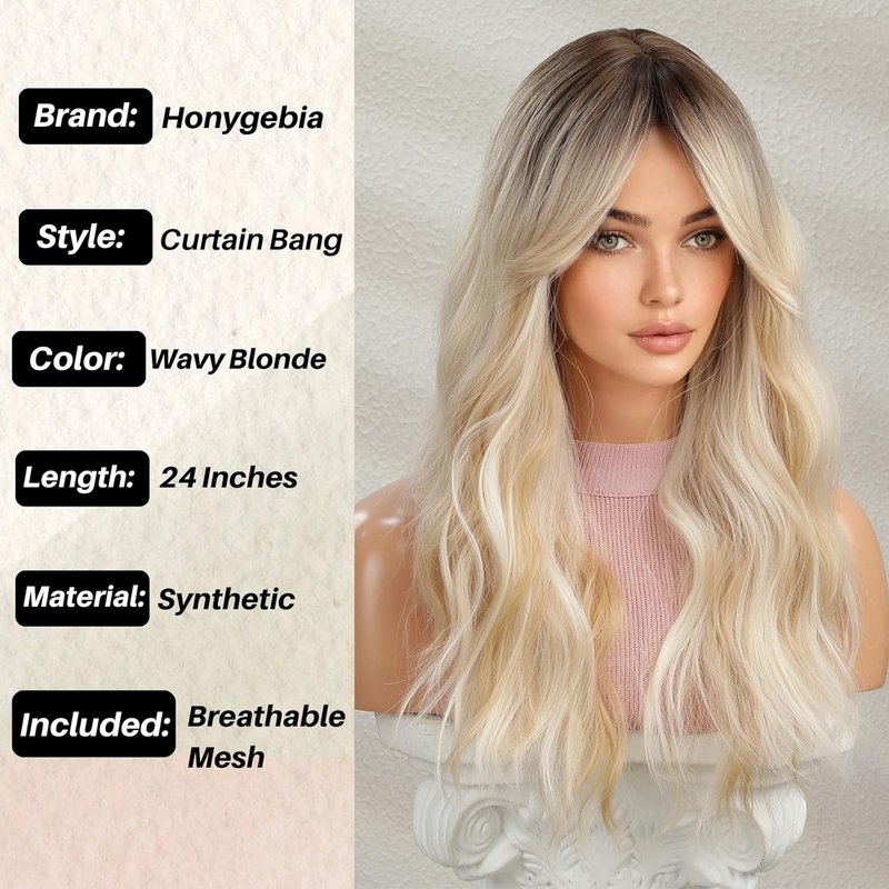 Wavy Blonde Wig with Bangs - Ombre Curtain Bangs, Long Ash Blonde Hair | Heat-Resistant Synthetic Wig for Halloween & Cosplay