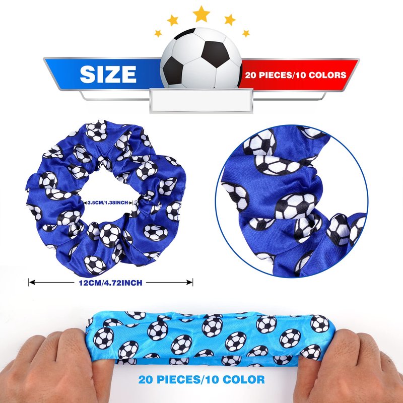 Soccer Party Supplies Set with 20 Pcs Satin Soccer Scrunchies Hair Ties,20 Pcs Adjustable Soccer Bracelet and 100 Pcs Soccer Stickers Soccer Birthday Party Decoration for Sports Themed Party
