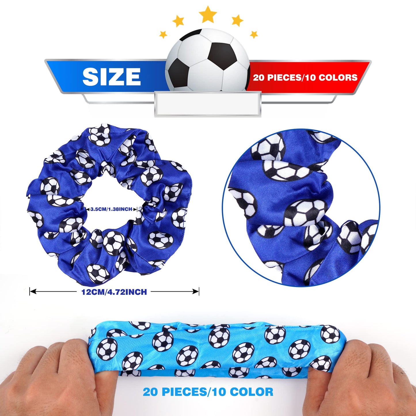 Soccer Party Supplies Set with 20 Pcs Satin Soccer Scrunchies Hair Ties,20 Pcs Adjustable Soccer Bracelet and 100 Pcs Soccer Stickers Soccer Birthday Party Decoration for Sports Themed Party