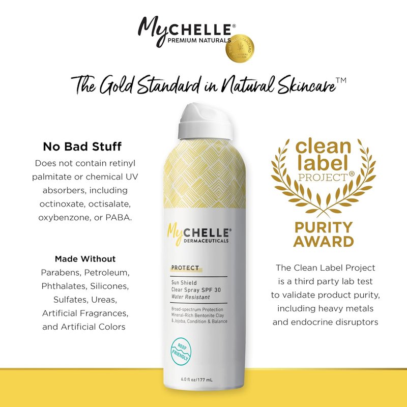 MyChelle Sun Shield Clear Spray SPF 30 - Liquid Zinc Sunscreen with Bentonite Clay & Jojoba | 6 Fl Oz, Water-Resistant for 80 Minutes