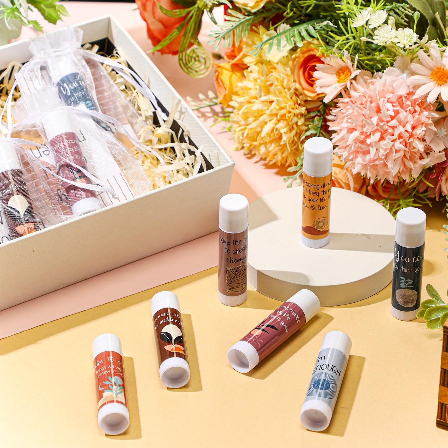Leelosp 50 Sets Mental Health Awareness Lip Balm Gift Set with Positive Affirmation Cards, Bulk Inspirational Thank You Appreciation Gifts for Employees Volunteers Coworkers Events