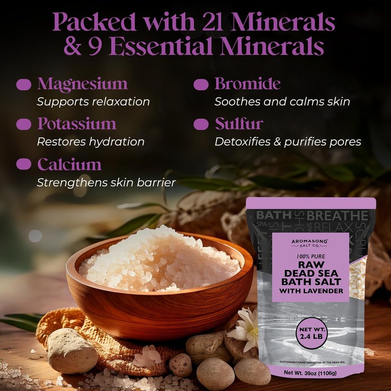 Aromasong Pure Raw Dead Sea Salt for Soaking with 100% Natural Lavender, 5 LB - Spa Bath Salt Fine Grain - Body Wash Scrub - Soak for Women & Men- Bulk Resealable Pack