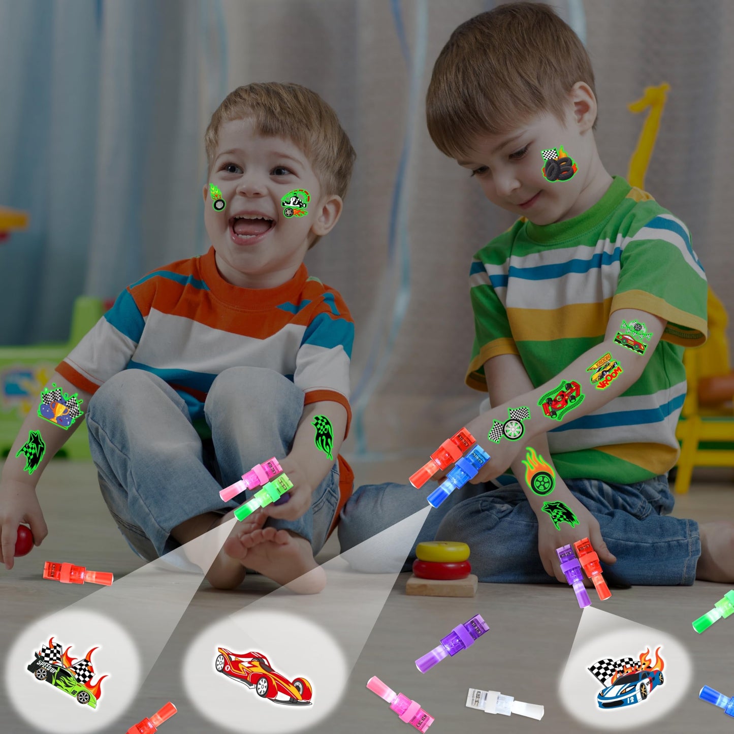 72 PCS Race Car Party Favors – 48 PCS Tattoos & 24 PCS LED Finger Lights Combo – Birthday Goodie Bag Fillers, Party Supplies, Gifts Light Up Toys Glow In The Dark for Boys and Girls