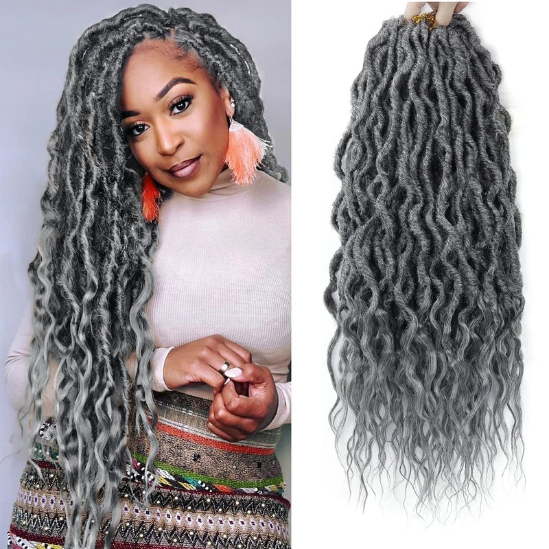 Faux Locs Crochet Hair 24Inch 6Packs Crochet Locs,Boho Faux Locs With Curly Ends Soft Dreadlock Crochet Hair for Black Women(24'', Grey)