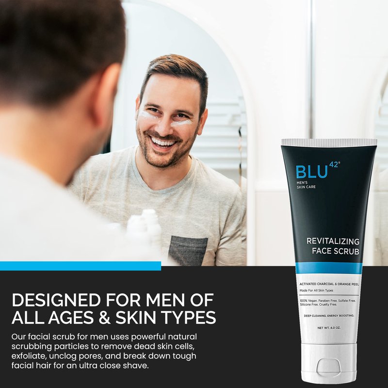 Face Scrub for Men by Blu42 – Exfoliating Facial Cleanser with Natural Ingredients – Deep Clean for Oily & Acne-Prone Skin – 4 oz
