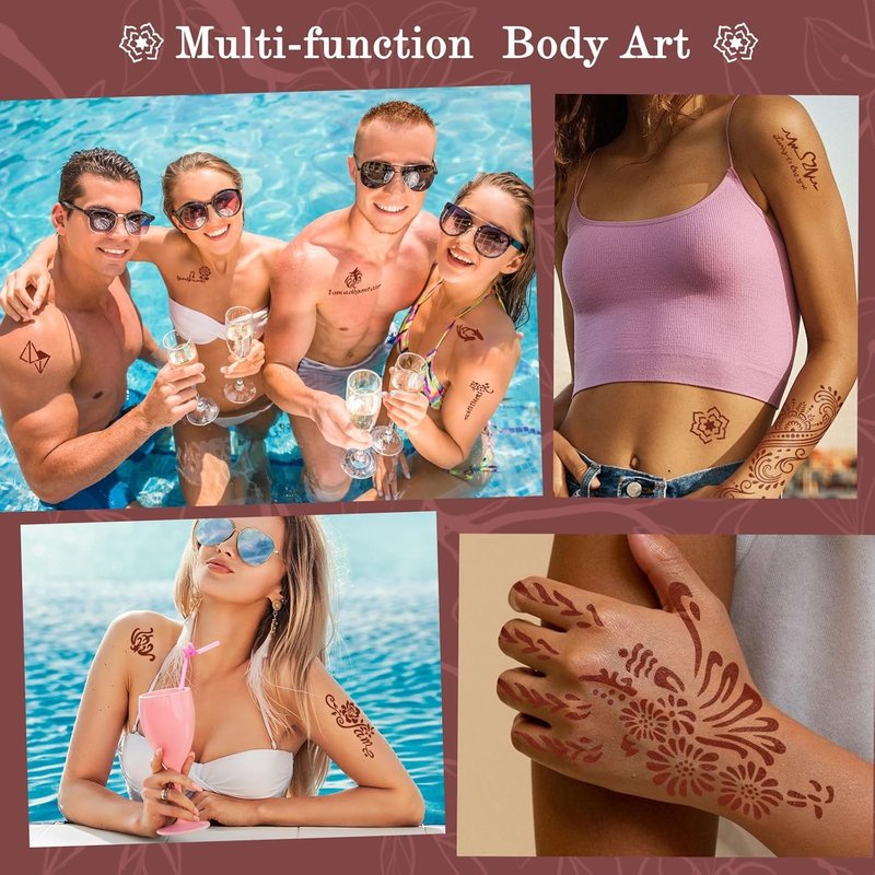 Temporary Tattoo Stencils Kit - 4 Pcs Tattoo Cones in Black, Maroon & Brown | Includes Outline Pen, Cotton Swabs & Brush for Fun Family Parties