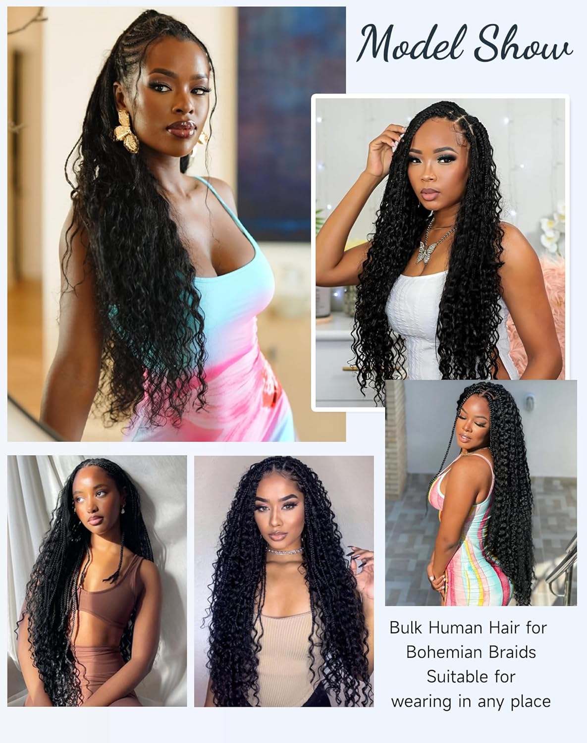 22 Inch Human Braiding Hair - Deep Wave Boho Braids, 110g | 100% Unprocessed Brazilian Virgin Hair Extensions, Natural Color, 4 Bundles