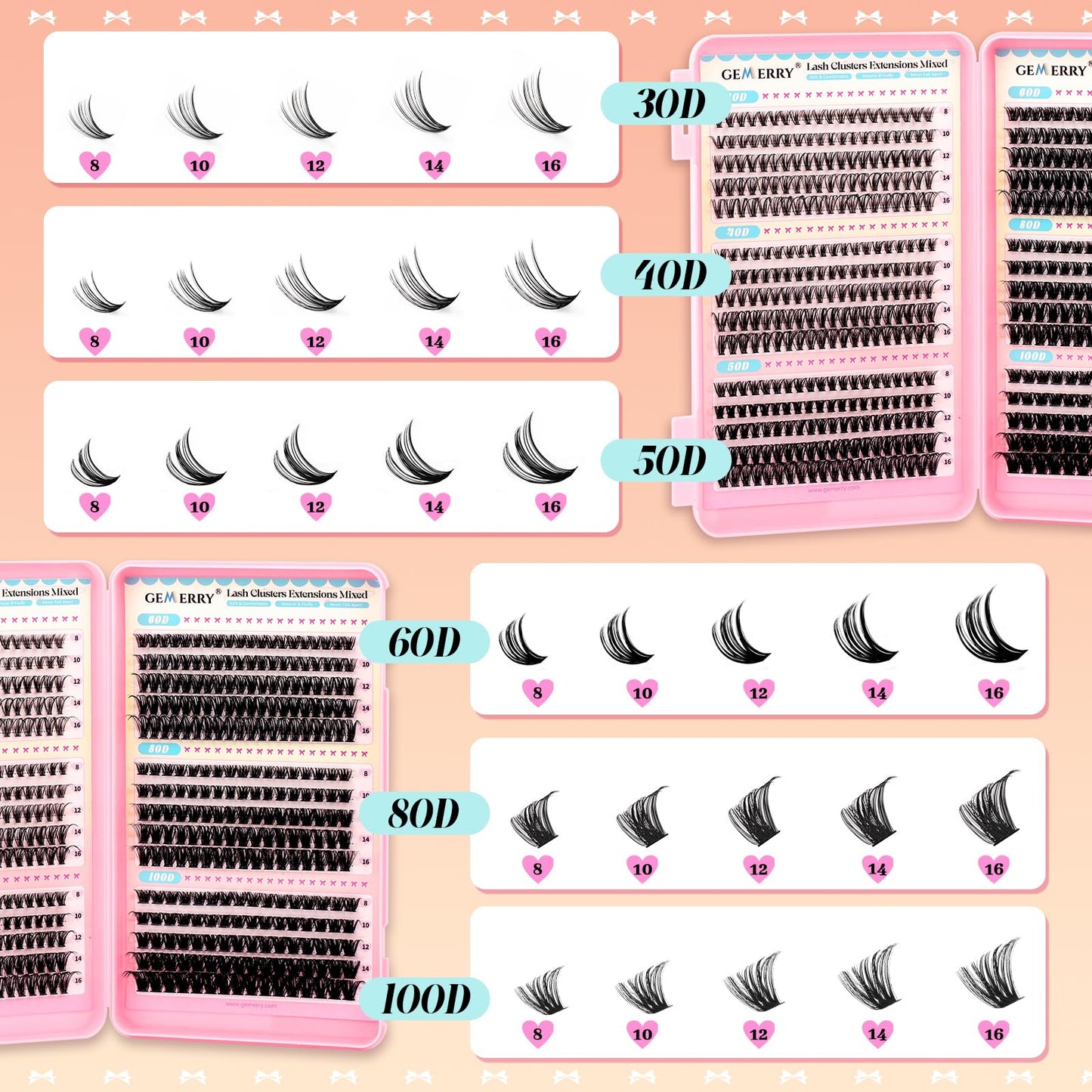 GEMERRY 565Pcs Lash Clusters D Curl (30D-100D, 8-16mm)
