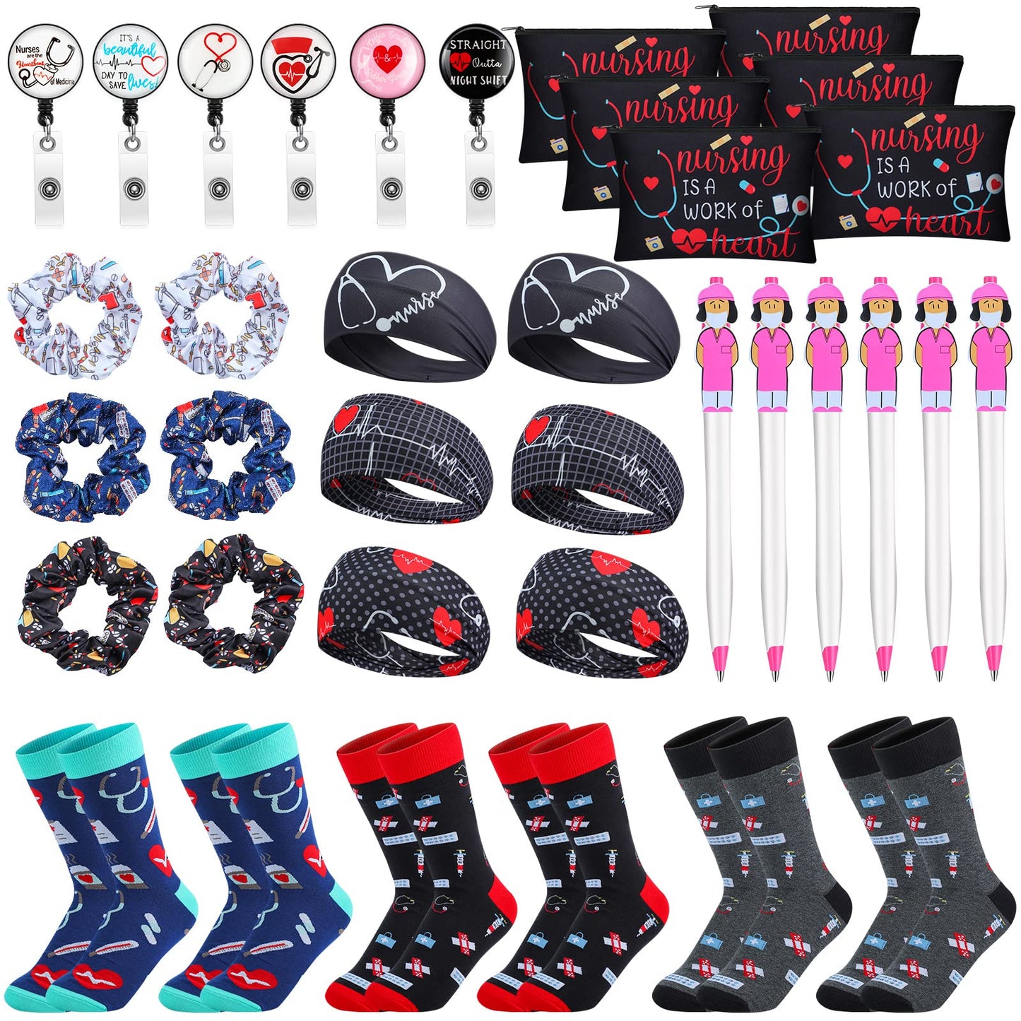 Colarr 36 Pcs Nurse Appreciation Gift Set Include Nurse Makeup Bag Nursing Headbands Hair Nurse Scrunchie Nurses Socks Nurse Ballpoint Pens Nurse Badge Holder Reel Nurse Week Day Gifts for Nurse