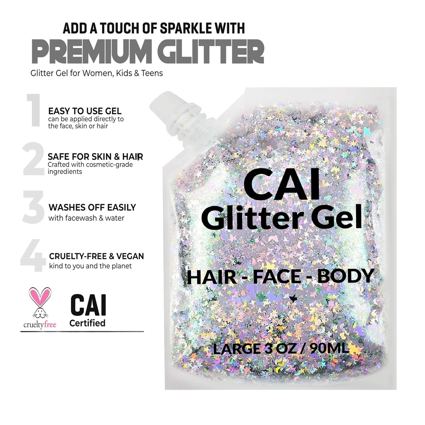 Face, Body & Hair Glitter Gel – Halloween Glitter for Kids and Women – 3 Oz Cosmetic-Grade Gel w/Moon & Stars for Festivals & Halloween Party