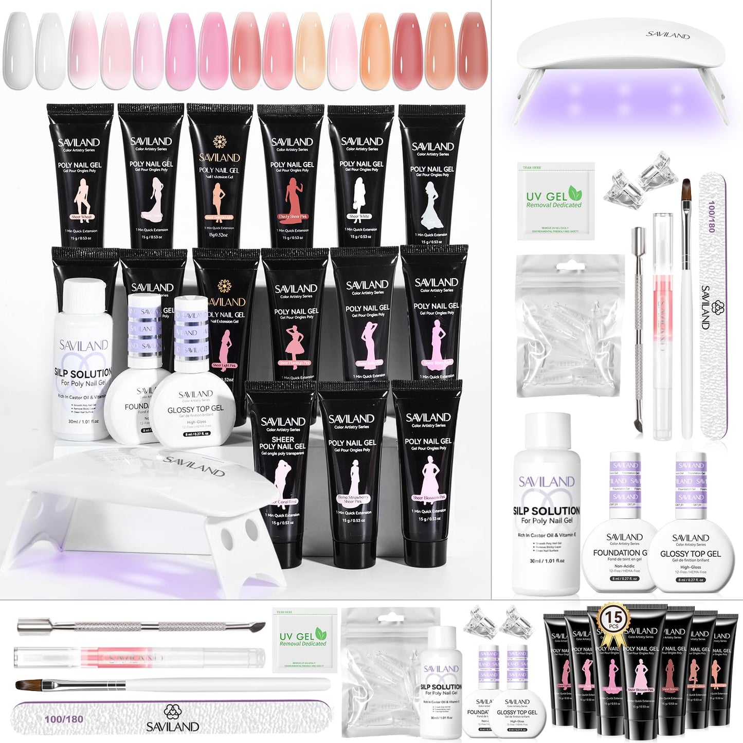 SAVILAND Hema-Free Poly Extension Gel Nail Kit: 15 Colors Poly Gel kit for 4 Weeks Lasting, Natural-Looking Poly Gel Clear White Pink Nude with Slip Solution U V Lamp Suitable for All Seasons Art DIY