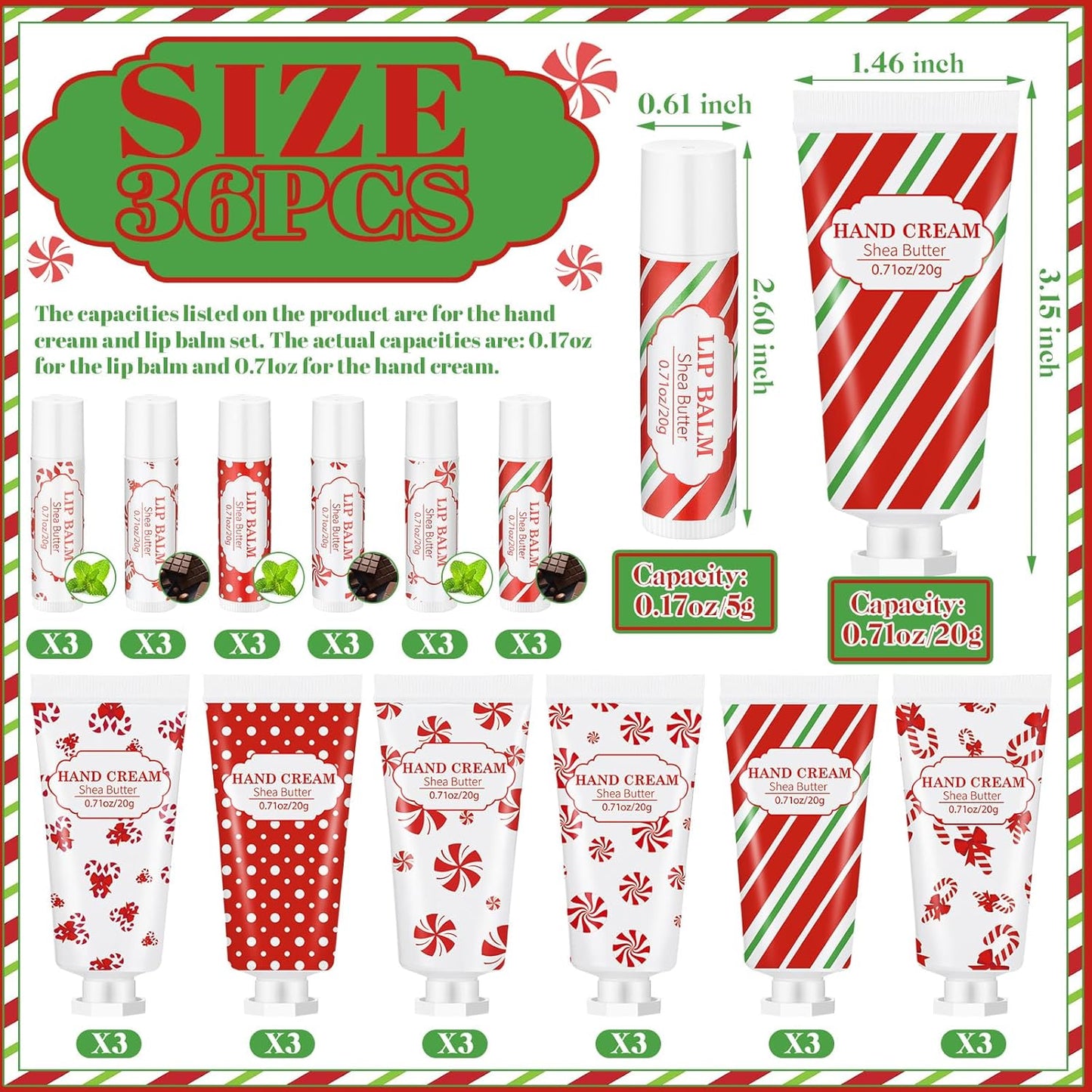 Christmas Hand Cream & Lip Balm Gift Set - 36 Pcs Mini Travel Size | Peppermint Candy Theme for Women & Coworkers