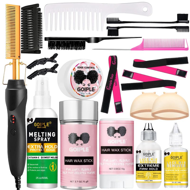 Diamond Electric Adjustable Temperature Hair Straightener Brush Set for Wigs and Natural Black Hair (Gold)