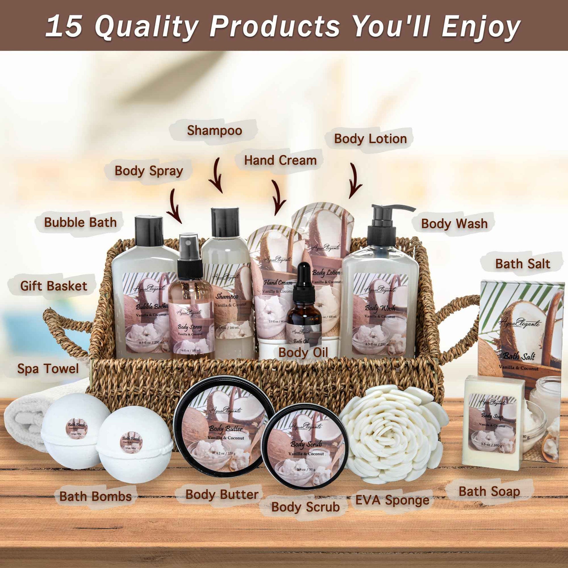 Bath Spa Gift Sets - Luxury Basket With Coconut & Vanilla - Spa Kit Includes Wash, Bubble Bath, Lotion, Bath Salts, Body Scrub, Shower Puff, Bathbombs, Soap in Wooden Basket