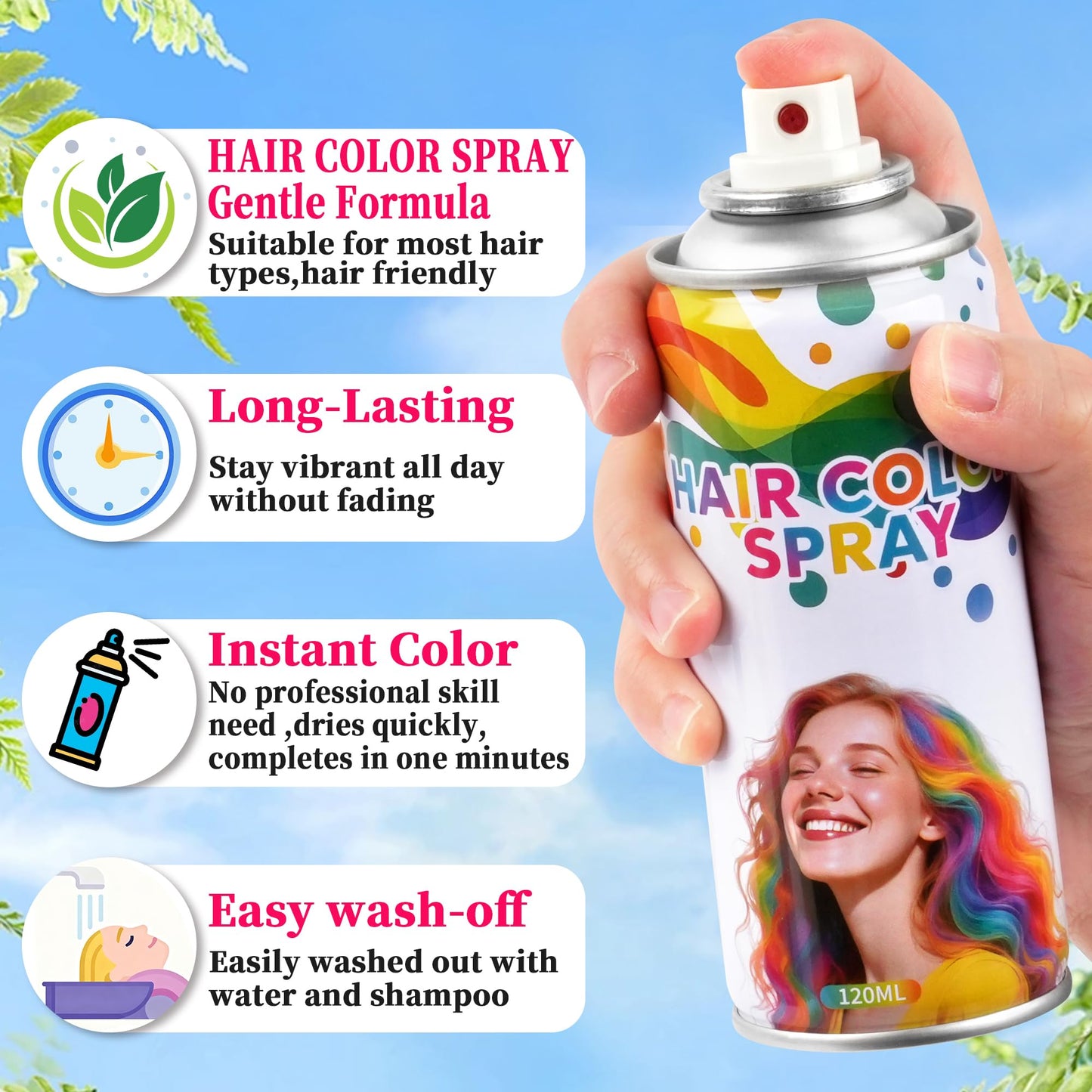 6 Pack Hair Spray,Purple red pink black blue and gray hair spray temporary for Women Kids Men, Washable Temporary,For Cosplay Christmas Party