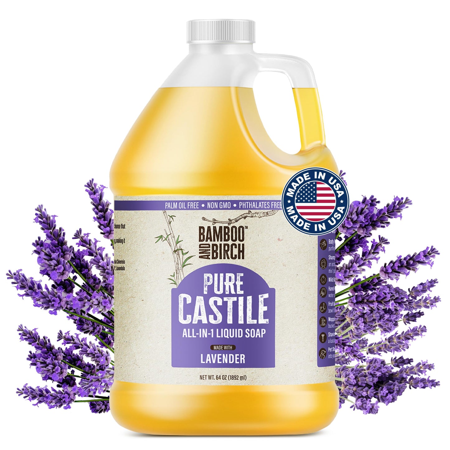 BAMBOO AND BIRCH Pure Castile Soap Liquid, Lavender, 64 oz