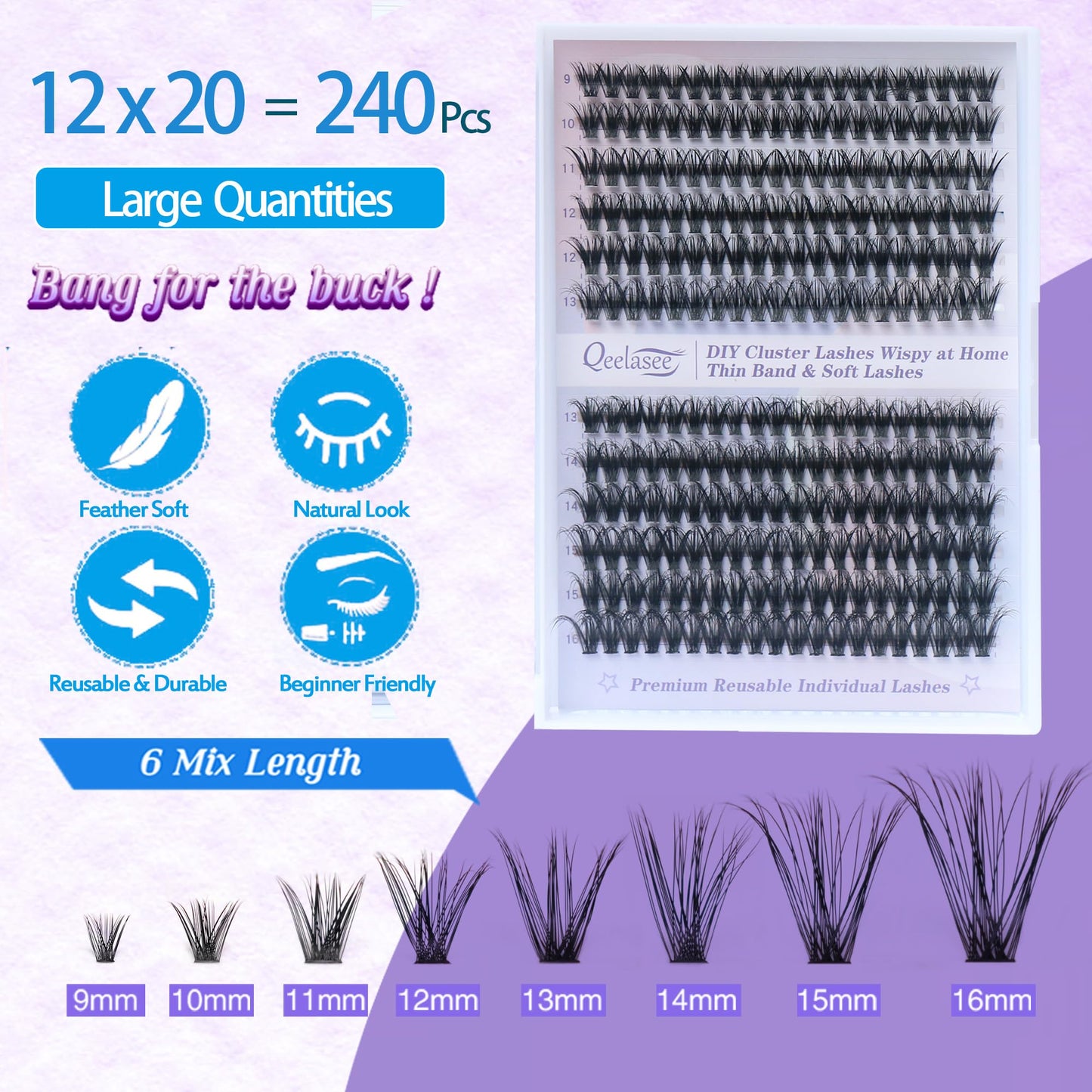3D Effect Qeelasee 40d Lash Clusters Eyelash Extensions Wispy DIY Individual Eye Lashes Natural Volume 240pcs Mix9-16mm (3D effect, 40D-MIX9-16)