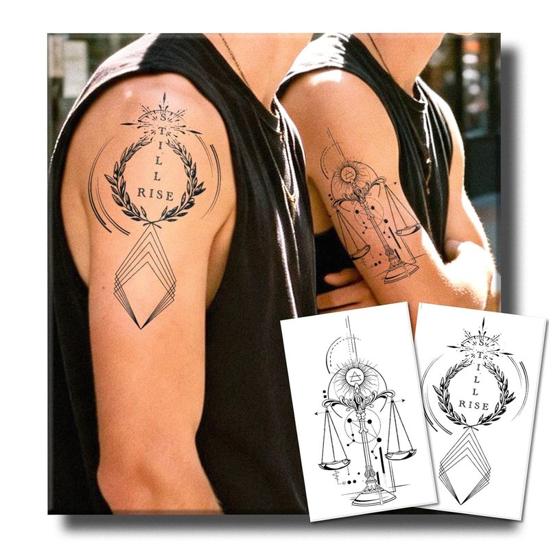 Realistic Sun Balance Scale Temporary Tattoos - 2 Sheets of Waterproof Olive Geometry Design | Lasts 2 Weeks for Men