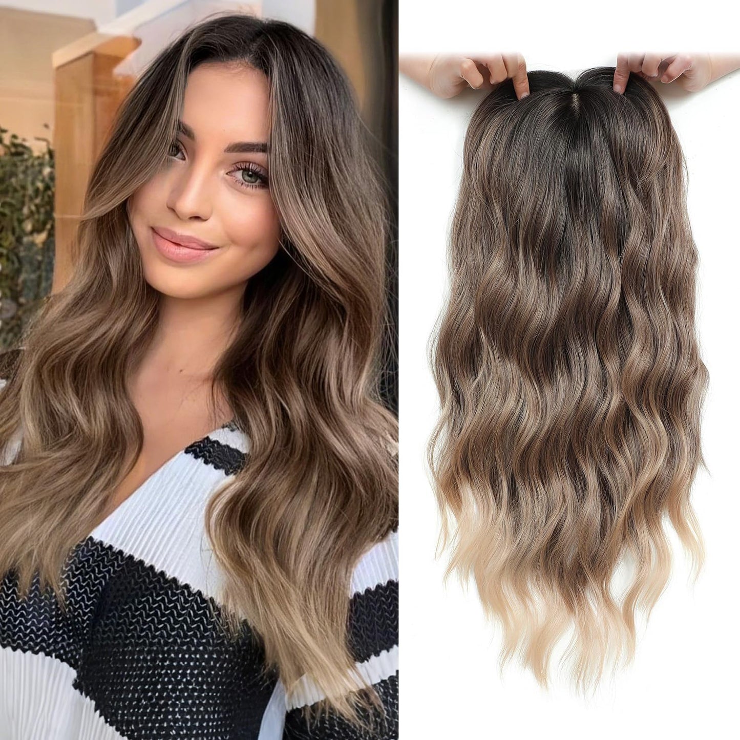 UDU 20Inch Ombre Brown Wavy Hair Topper for Women, Long Hair Topper with Natural Coverage, Clip in Hairpiece for Thinning Hair, Invisible Natural Coverage Top Piece