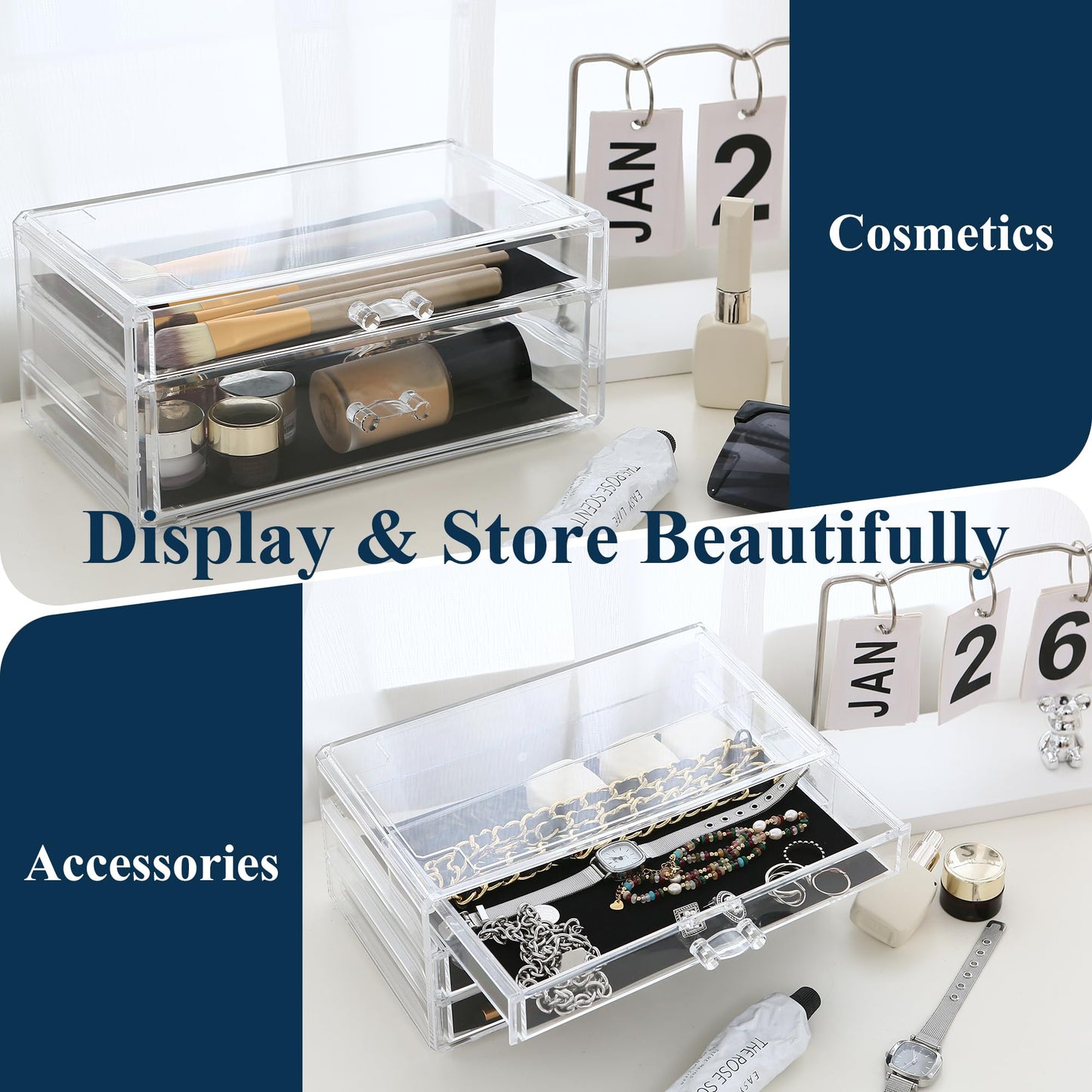 Sea Team 3-Tier Stackable Clear Makeup Organizer with Drawers, Acrylic Plastic Cosmetic Display Case, Jewelry Storage Box, Holder for Dresser, Bathroom, Vanity, Countertop (8 Drawers)