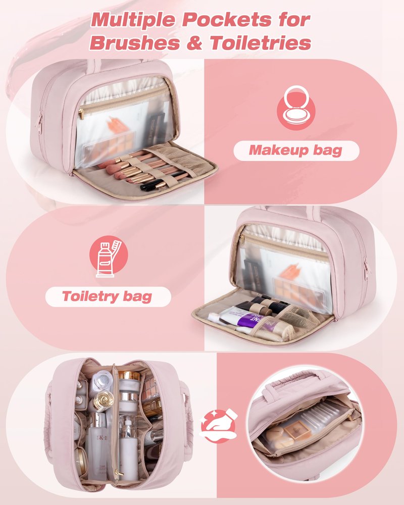 Marscamd Travel Makeup Bag for Women, Puffy Cosmetics & Toiletry Organizer with Leakproof Pockets for Travel-Size Shampoo, Conditioner, Brushes & Essentials - Medium Size, Pink (Bag Only)