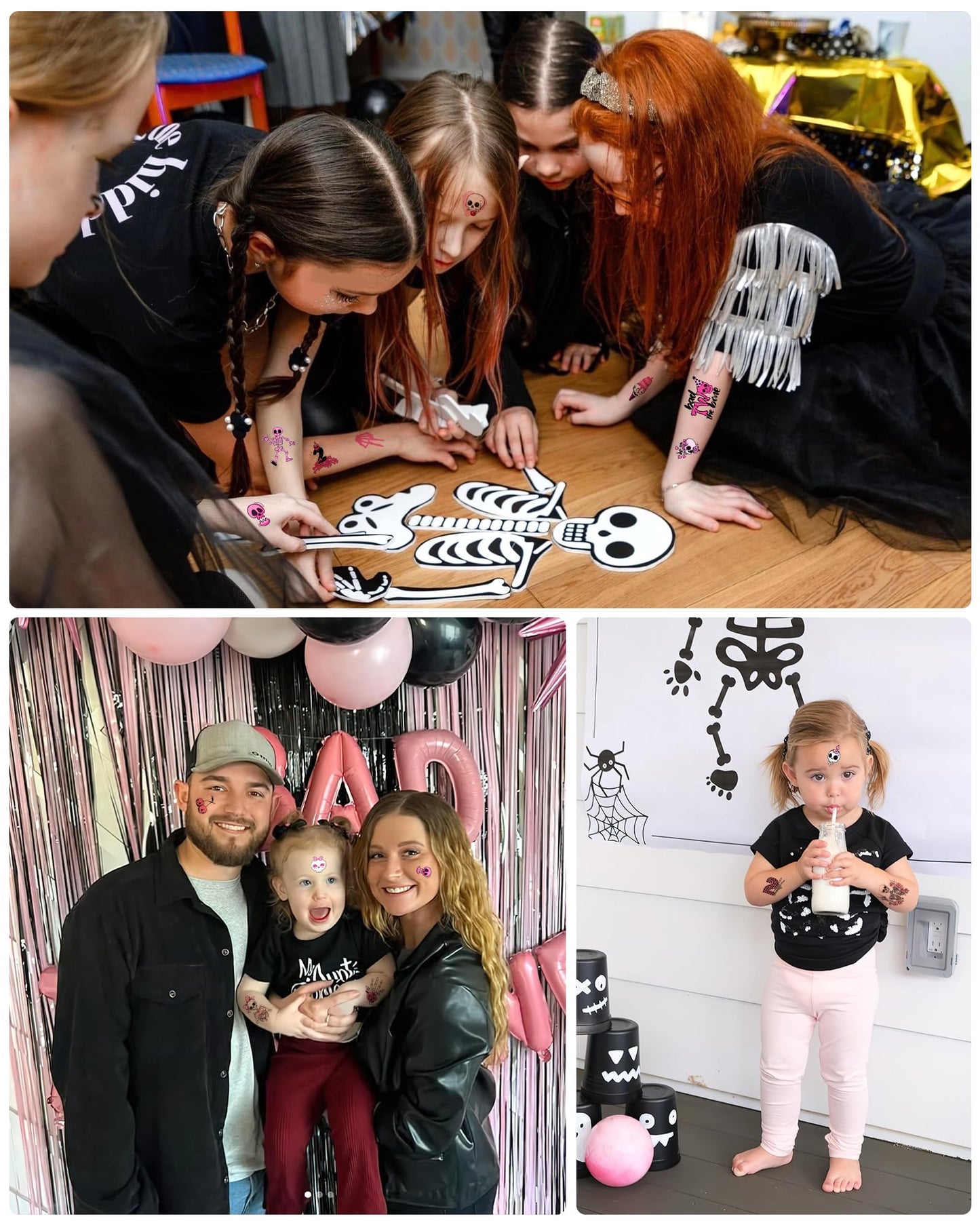 192 Pieces Bad Two The Bone Black and Pink Temporary Tattoos Stickers,20 Sheets 2nd Birthday Skeleton Themed Tattoos Stickers Party Decoration Supplies Party favors