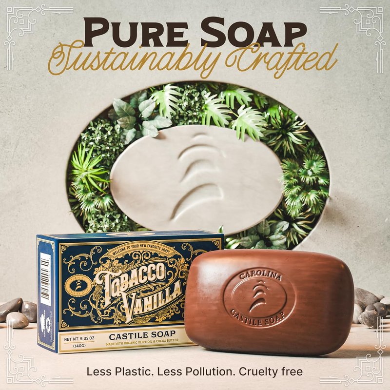 Castile Soap Bar for Sensitive Skin - Natural Olive Oil & Cocoa Butter | Vegan Tobacco Vanilla Scent, 5 oz