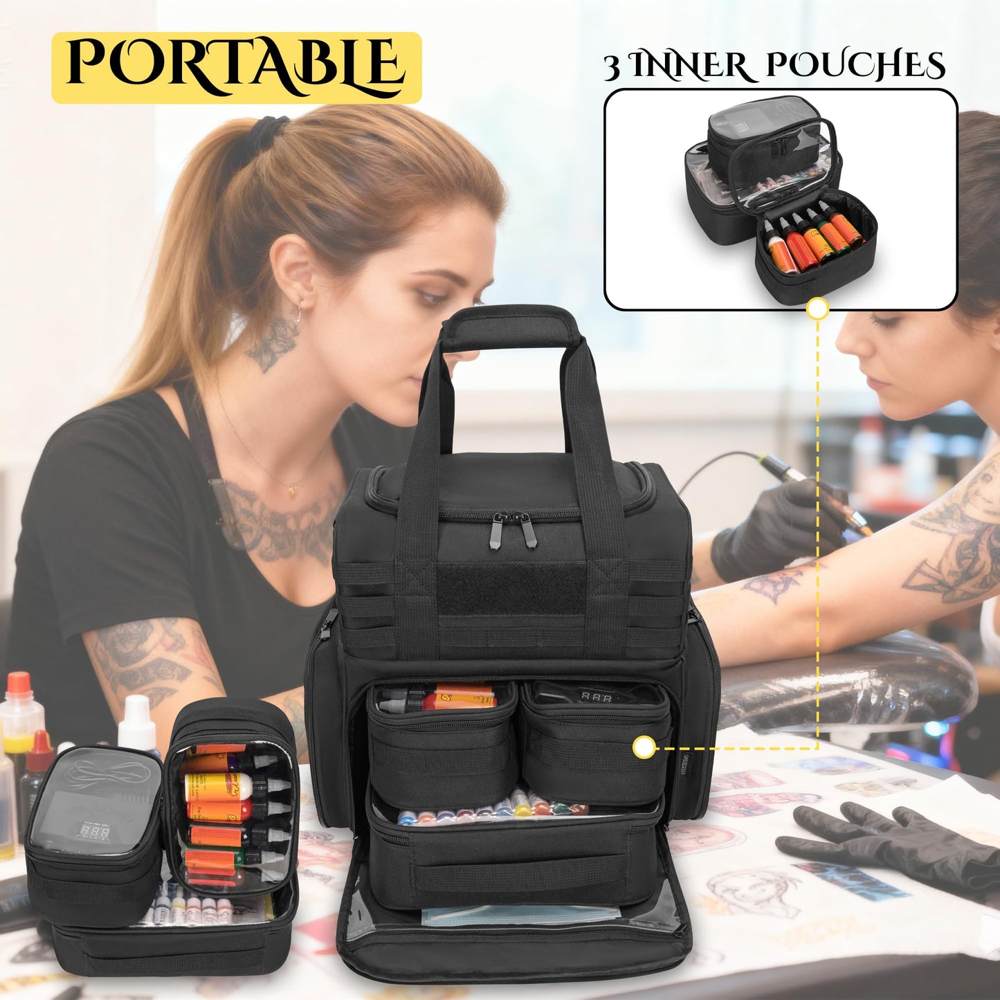 FURIMETY Large Tattoo Travel Case with 3 Inner Removable Pouches, Molle System Tattoo Bag for Equipment and Supplies, Tactical Tattoo Case with Shoulder Strap for Stencil Printer, Black
