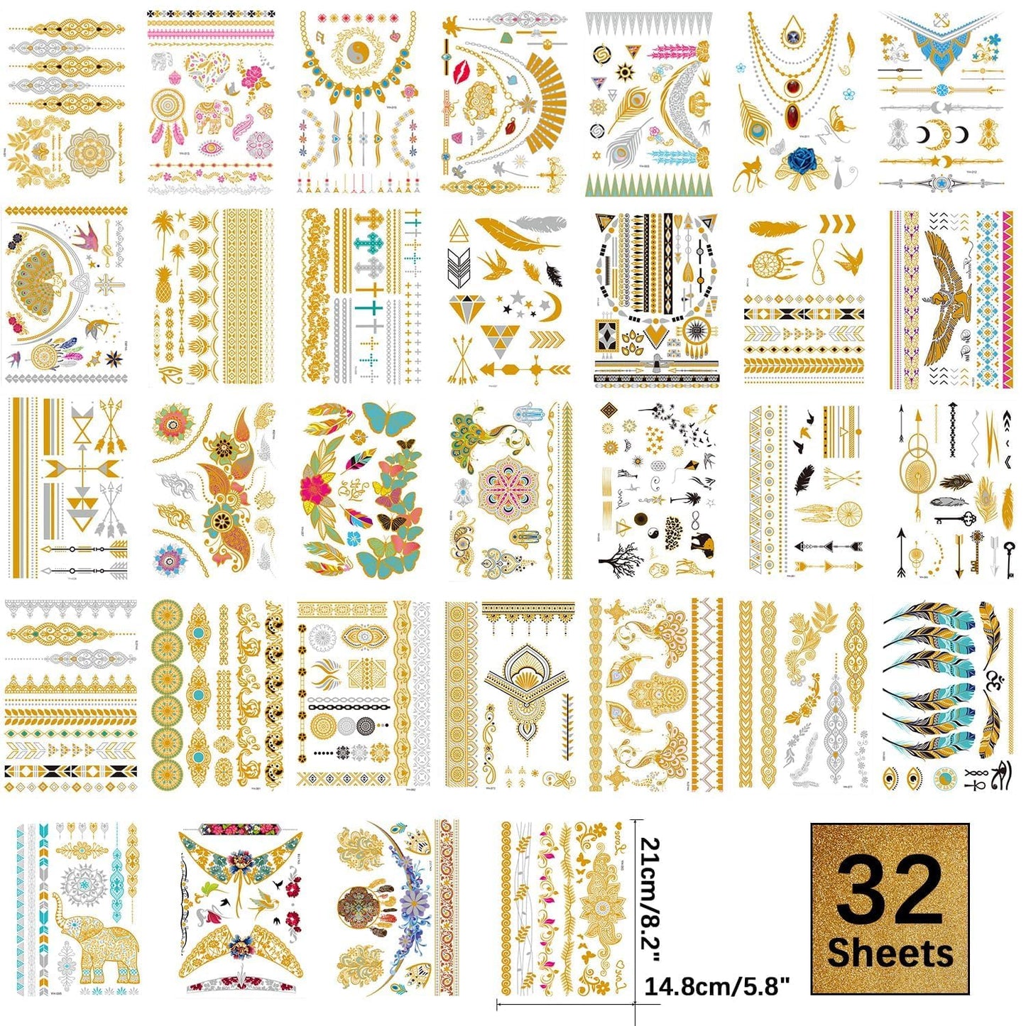 Aresvns Gold tattoo metallic 32 Sheets,Over 340+ Flash temporary tattoos for women teens girls kids,Waterproof flash henna tattoos,Glitter jewelry tattoos Christmas Gift