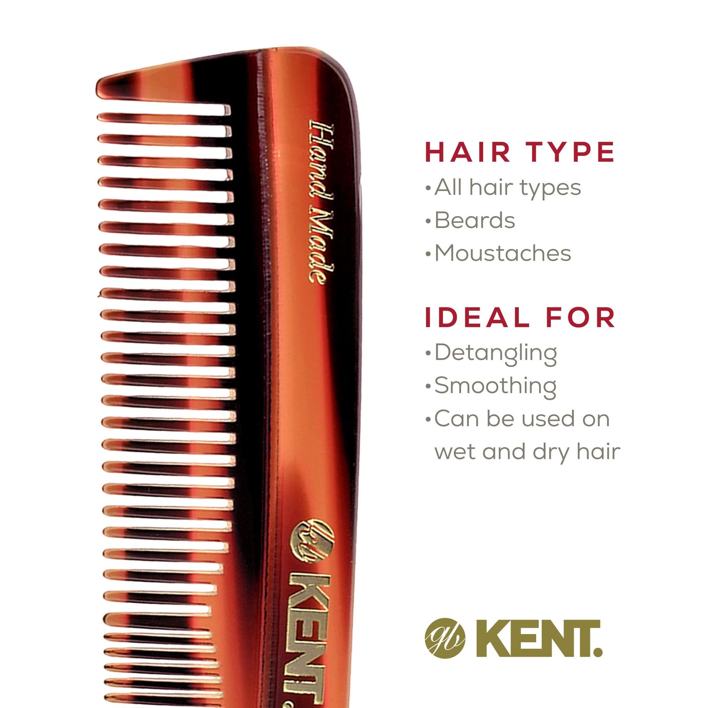 Kent R7T Double Tooth Hair Pocket Comb, Small Coarse/Wide Comb for Hair, Beard, and Mustache Grooming for Men, Women, and Kids - Saw Cut, Hand Polished, Handmade in England