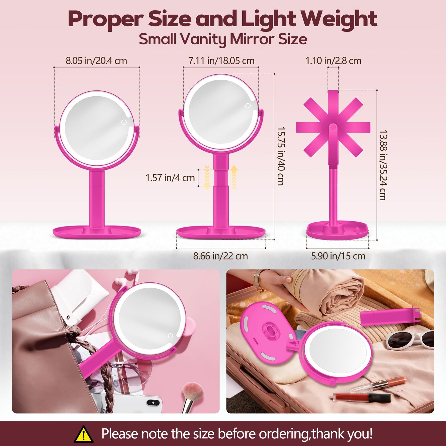 MOMOKUBA Makeup Mirror with Lights, 30X Magnifying & Height Adjustable, Lighted Magnifying Mirror with 3 Light Modes and Stepless Dimming, Vanity Mirrors for Bathroom, Birthday Gift for Women, Hotpink