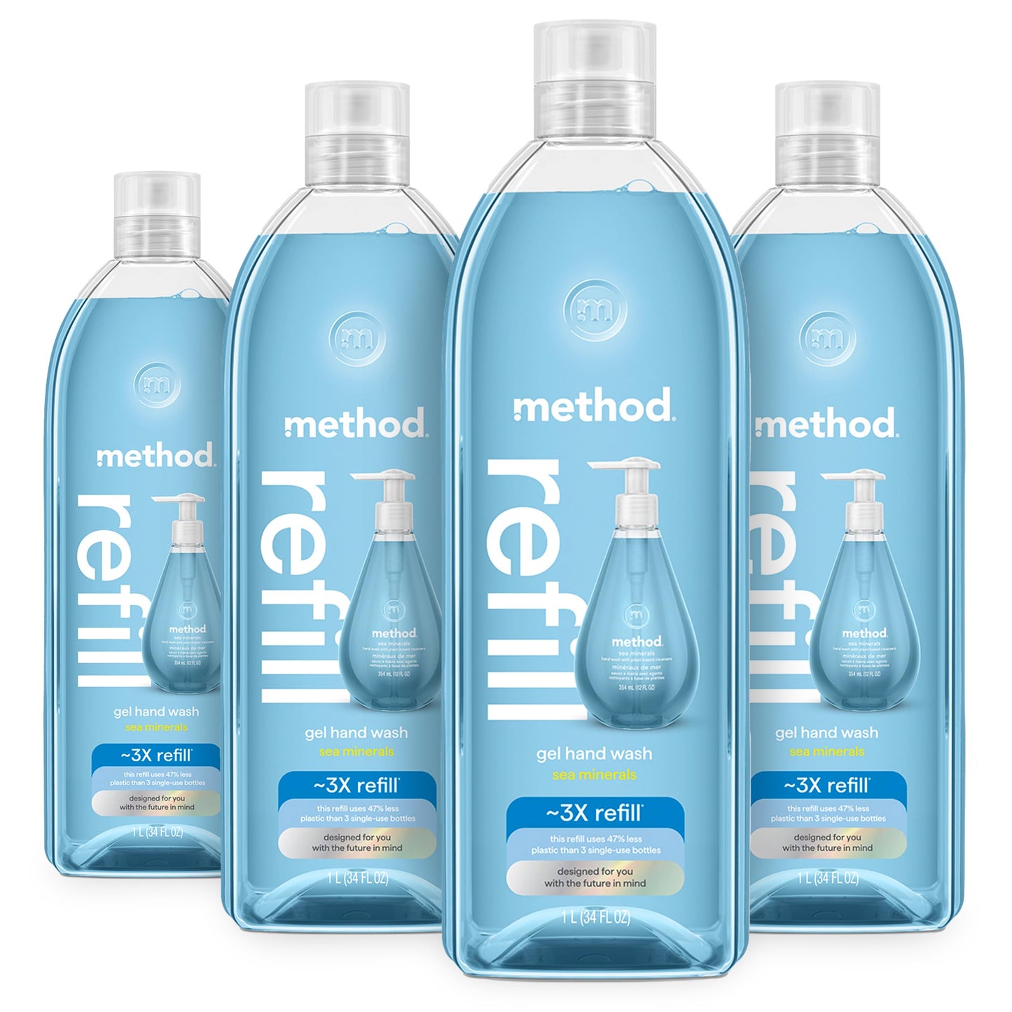method Gel Hand Wash Refill, Sea Minerals- Refills Up to 3X, Made Without Parabens, Notes of Bergamot, Lemon & Rosemary, 34 fl oz, 4 pack