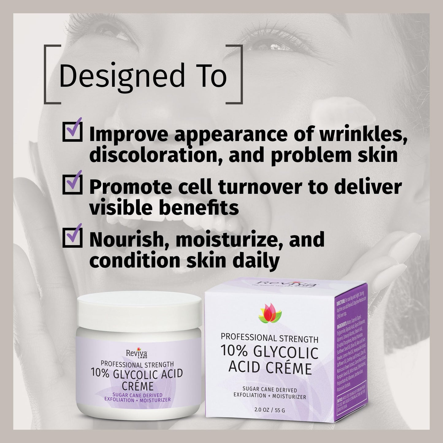 Reviva Labs 10% Glycolic Acid Creme Daily Moisturizer and Mild Exfoliant - Natural Sugar Cane Derived Alpha Hydroxy Acid Face Cream, Acido Glicolico Crema