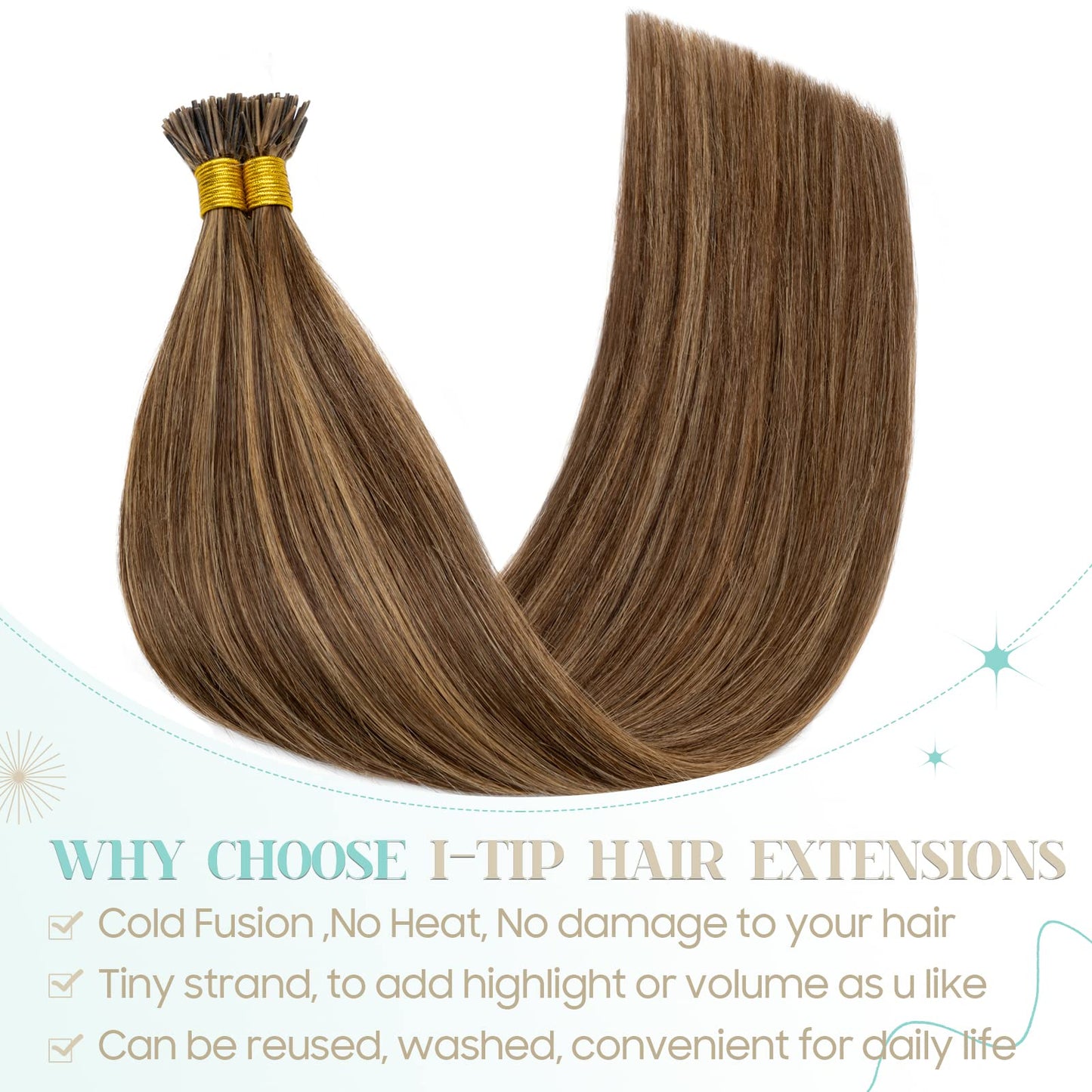 S-noilite Pre bonded I Tip Human Hair Extension for Women 100Strands 50Gram Fusion Stick Tip Remy Human Hair Piece Invisible Keratin Glue K Tip 16Inch #4P27 Medium Brown highlight Dark Blonde