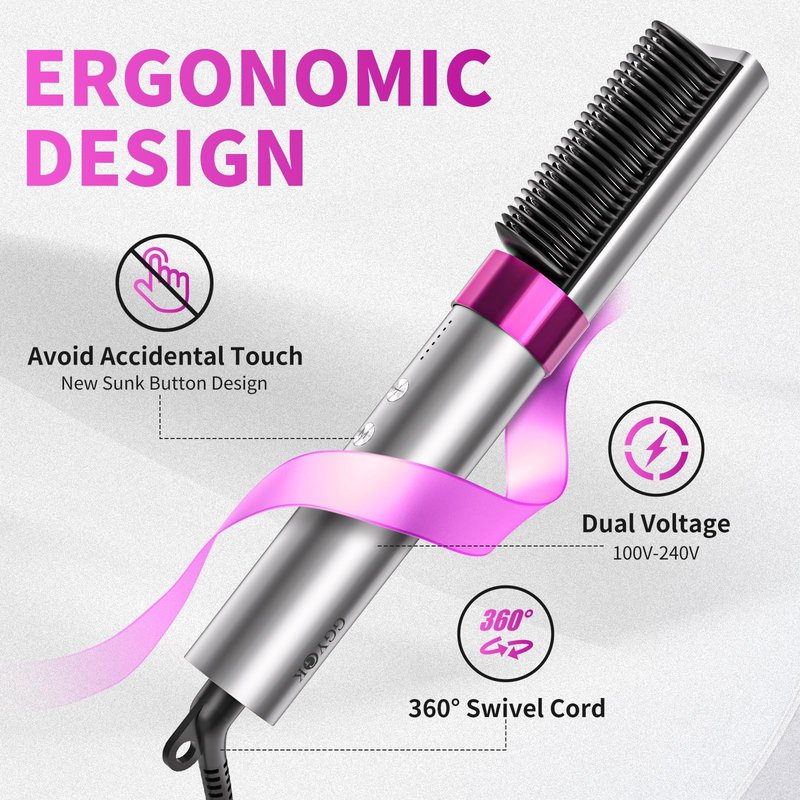 GGYGK Plasma Hair Straightener Brush,Ceramic Straightening Brush for Women,Heated Hair Straightener Comb with Dual Voltage,Anti-Scald,20s Fast Heating,Grey