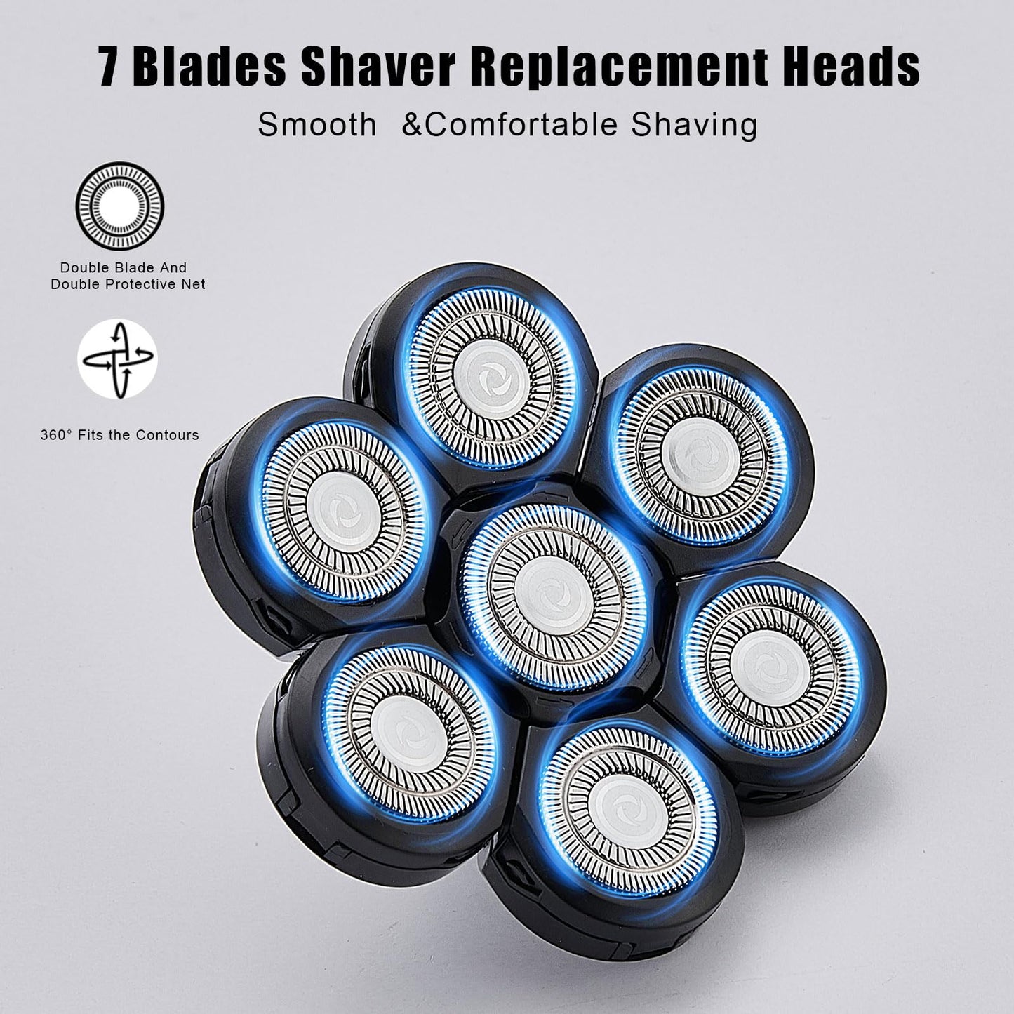 7 Blades Head Shaver Replacement Heads, Universal Fit for Electric Razors, Wet & Dry Use, 7D Floating Design, Stainless Steel Blade Heads, Ideal for Men's Face & Bald Head Shaving (3 Count)