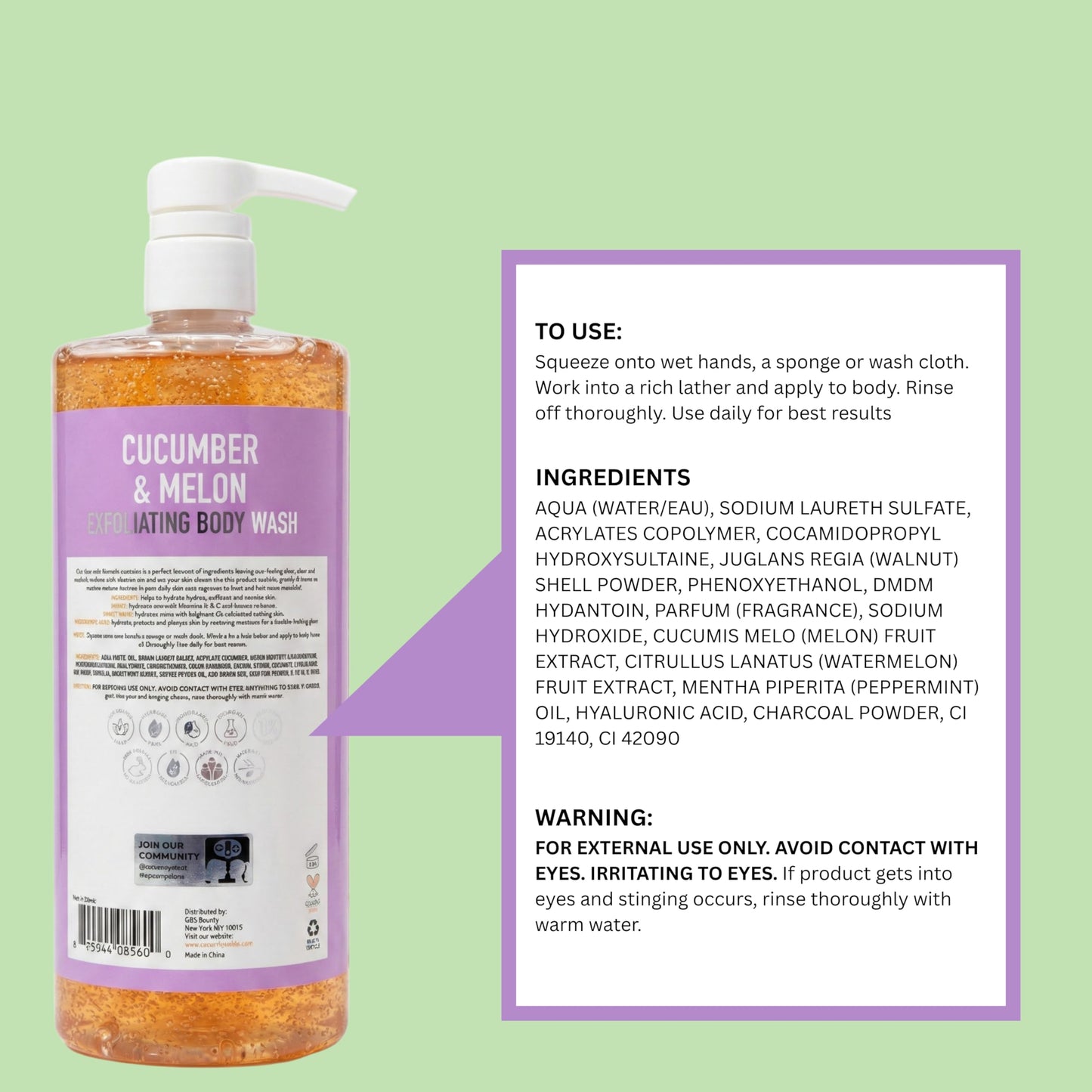 SpaScriptions Exfoliating Cucumber & Melon Body Wash - Scented Moisturizing Body Wash with Hyaluronic Acid for Soft Glowing Skin, Gentle Natural Daily Cleanser Body Scrub, 32 fl oz, Paraben Free