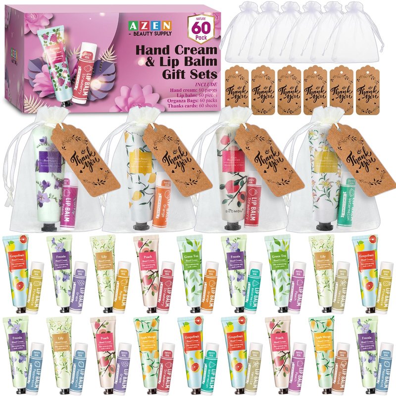 AZEN 60 Sets Bulk Gifts, Hand Cream and Lip Balm Bulk Set with Organza Bag Thank You Card, Baby Shower Wedding Gift for Guests, Bridal Wedding Favors for Guests, Mothers Day Gifts Stocking Stuffers