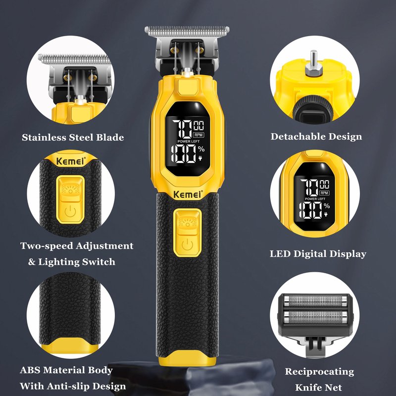 KEMEI 1878 Beard Trimmer for Men, 3 in 1 Hair Clippers, Shavers for Men, Cordless Nose Hair Trimmer with Removable Head, LED Display