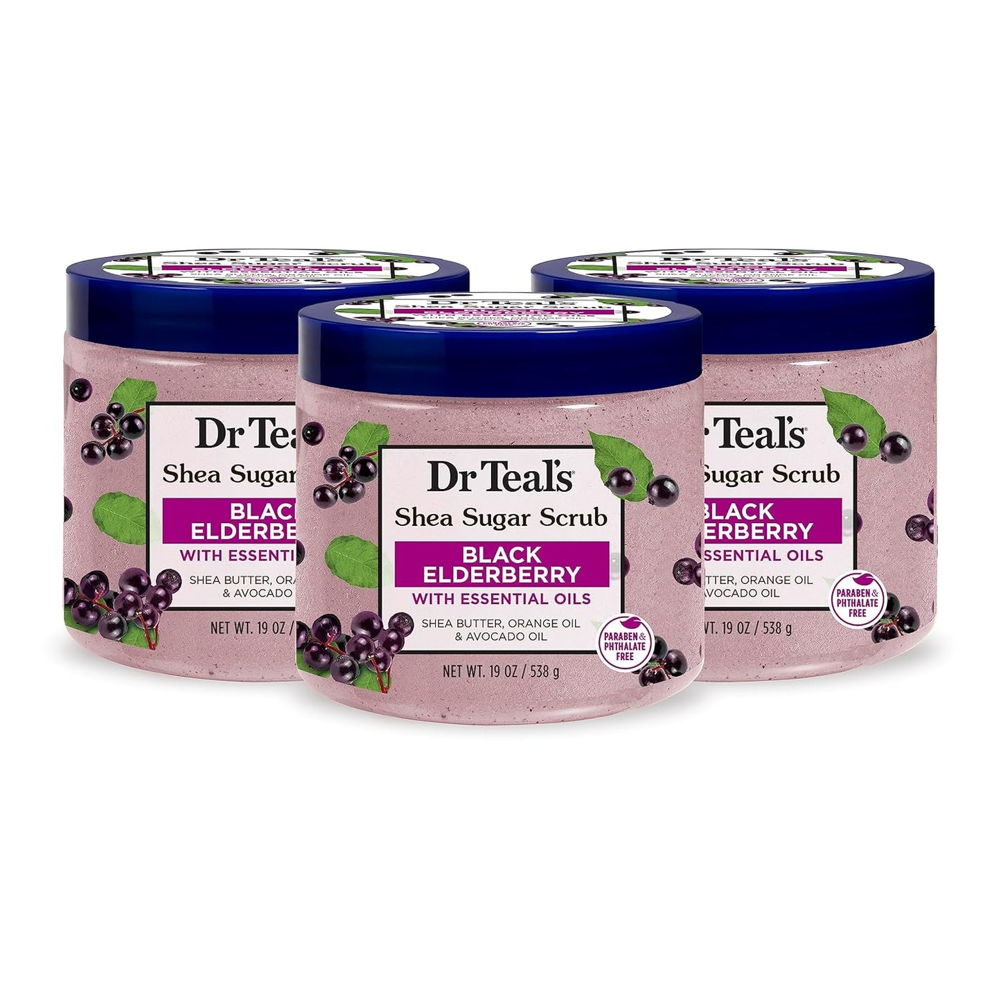 Dr Teal's Shea Sugar Body Scrub - Black Elderberry & Essential Oils | 19 oz (Pack of 3)