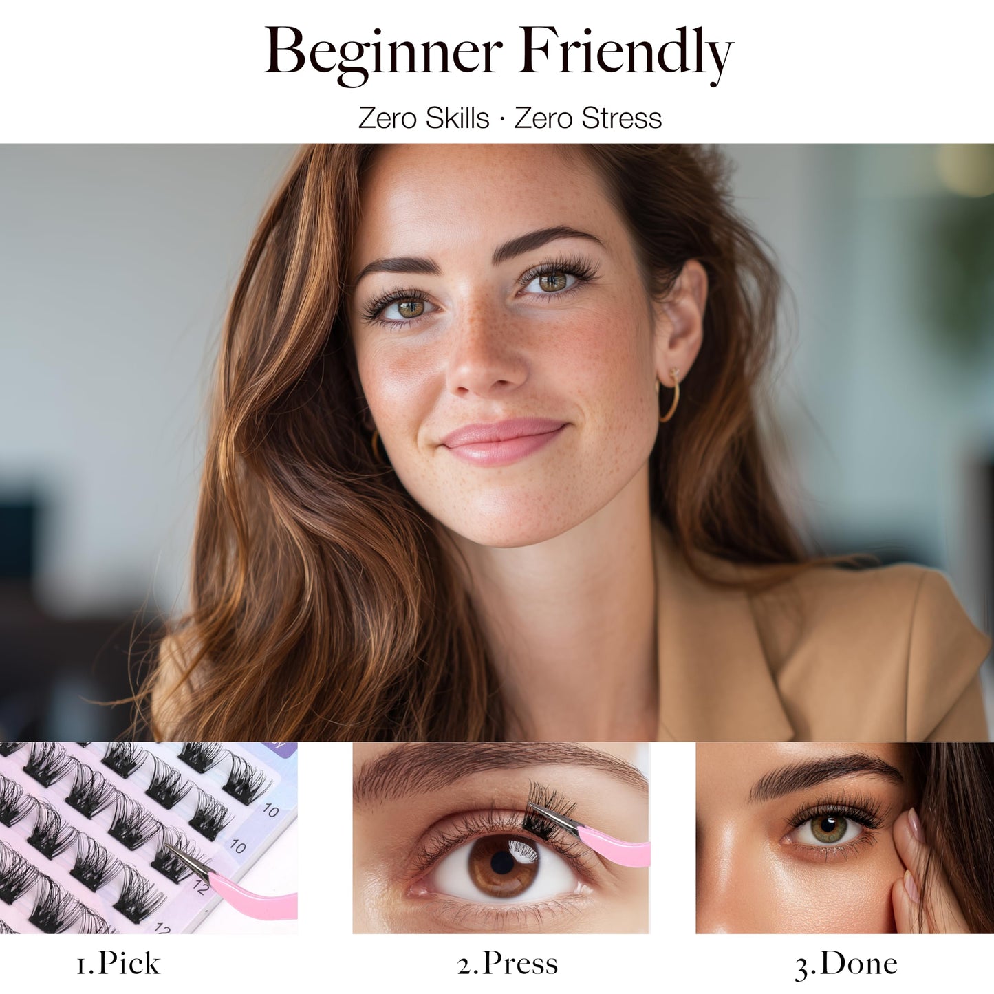 JoMay Self Adhesive Eyelashes, Press on Lashes No Glue Needed, Glueless Lashes Pre-Glued Natural Cluster Extension Kit D Curl For Beginners, No Sticky Residue 1 Step DIY 48PCS 10-16mm X01