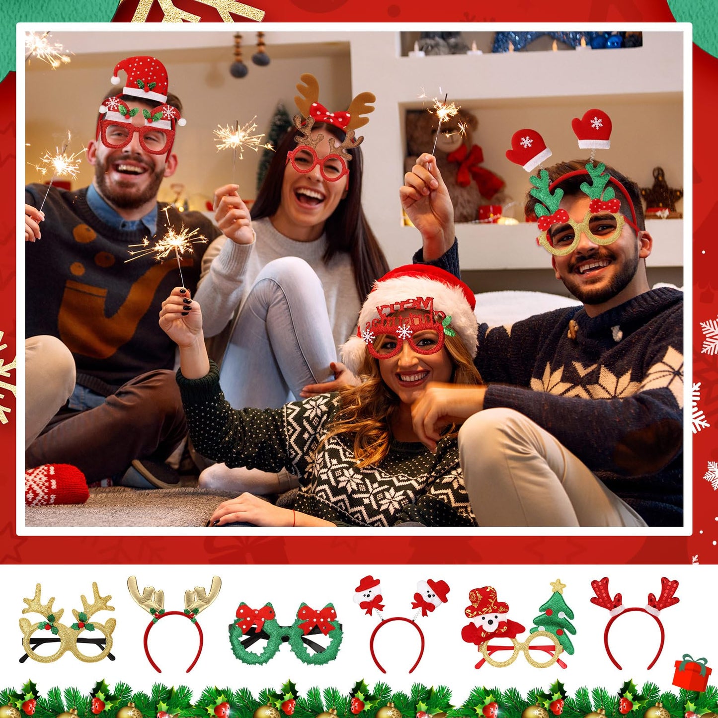 Giegxin 64 Pcs Christmas Glasses Frame and Headbands Set with 32 Cute Party Headband and 32 Funny Eyewear Xmas Hair Headwear for Christmas Xmas Holiday Party Favors