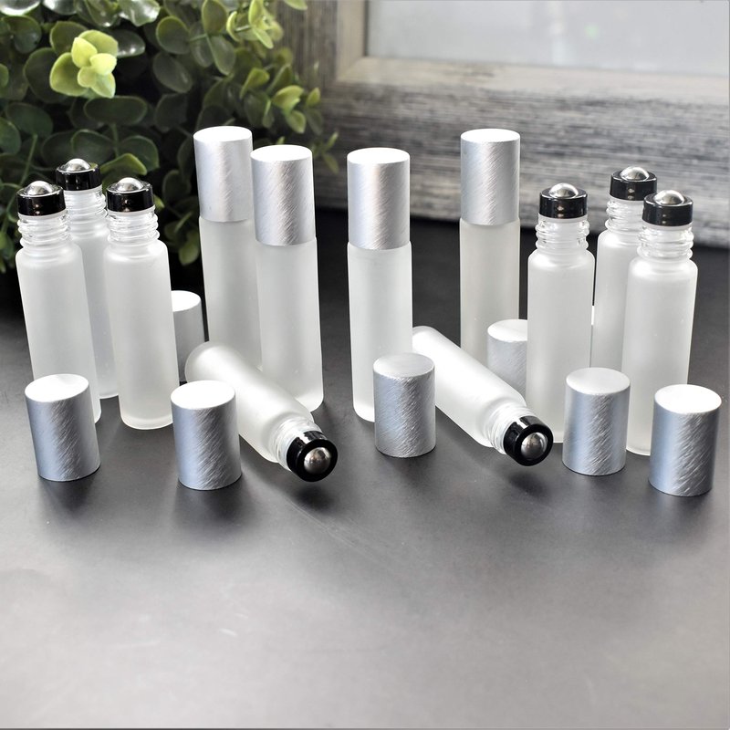 12-Pack Frosted Clear Glass Roller Bottles with Brushed Silver Leakproof Caps – Premium Quality Empty Roll-On Bottles for Essential Oils, Perfumes, Serums, DIY Aromatherapy & Beauty Products
