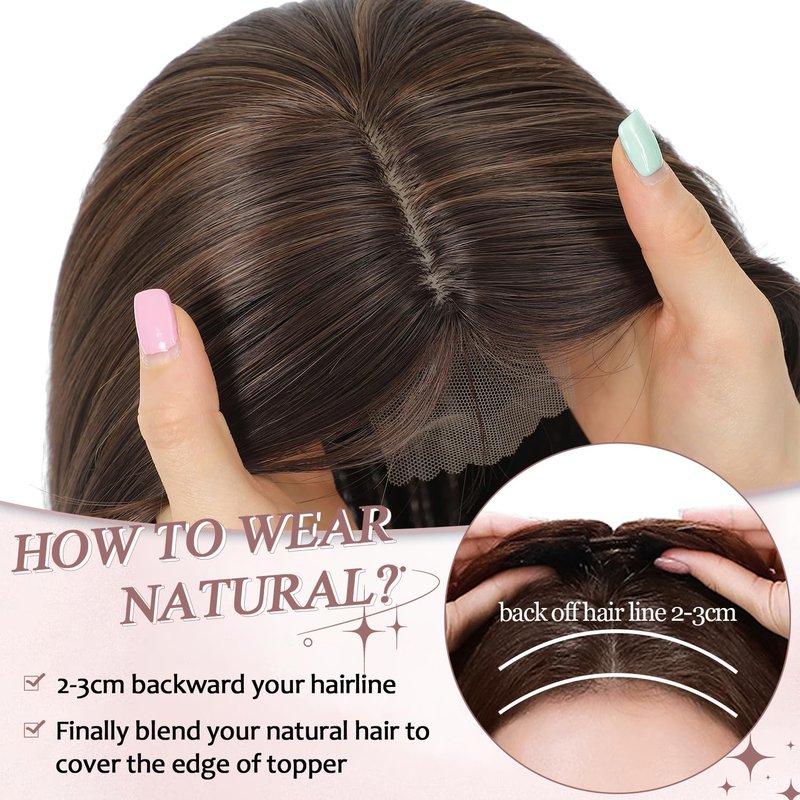 Megito Hair Topper 12inch Clip in Synthetic Hair Toppers for Women with Thinning Hair Layered 6.5"X6.5" Big Base Toppers Hair Pieces for Women Natural Look Brown with Highlights
