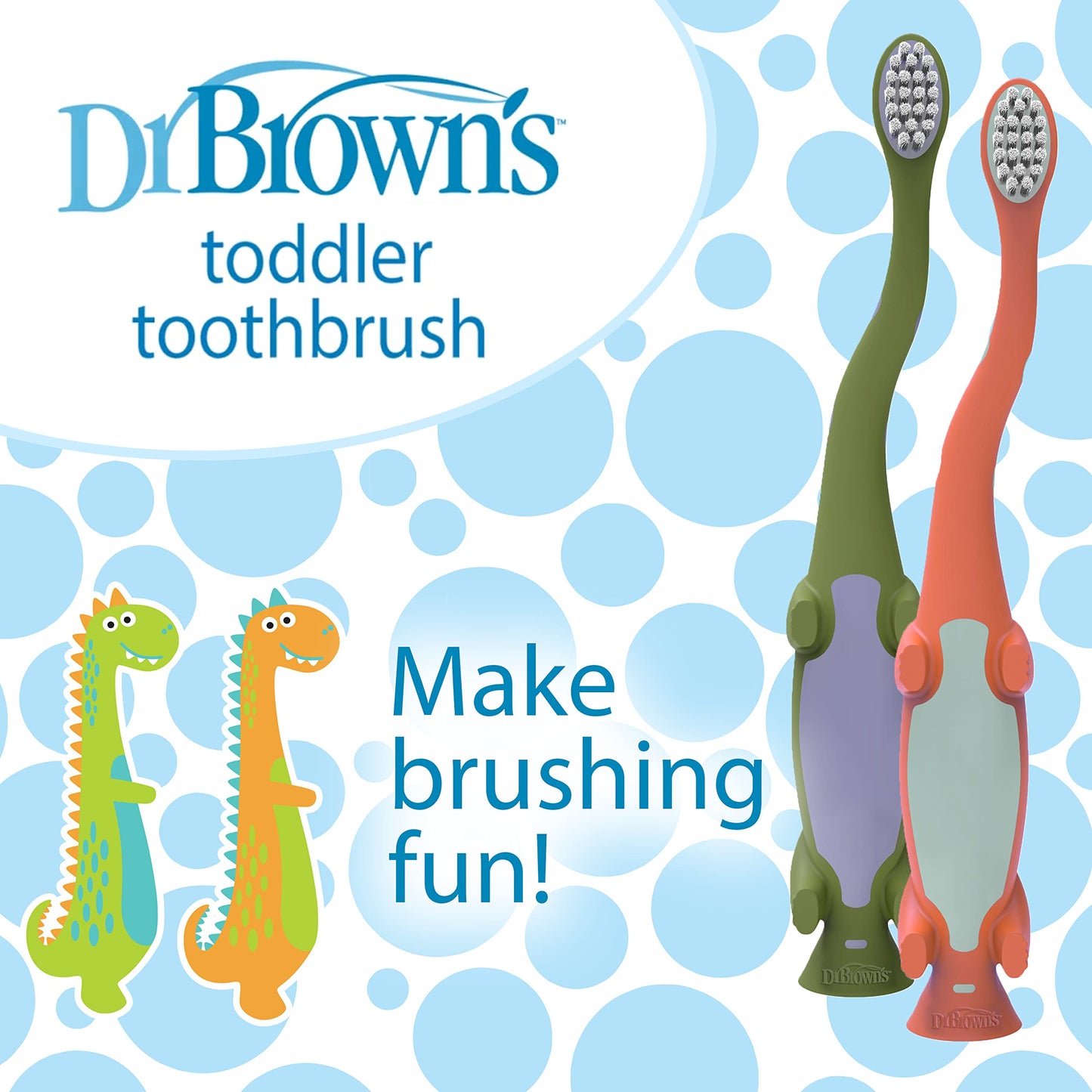 Dr. Brown's Baby and Toddler Toothbrush, Green and Orange Dinosaur 2-Pack, 1-4 Years