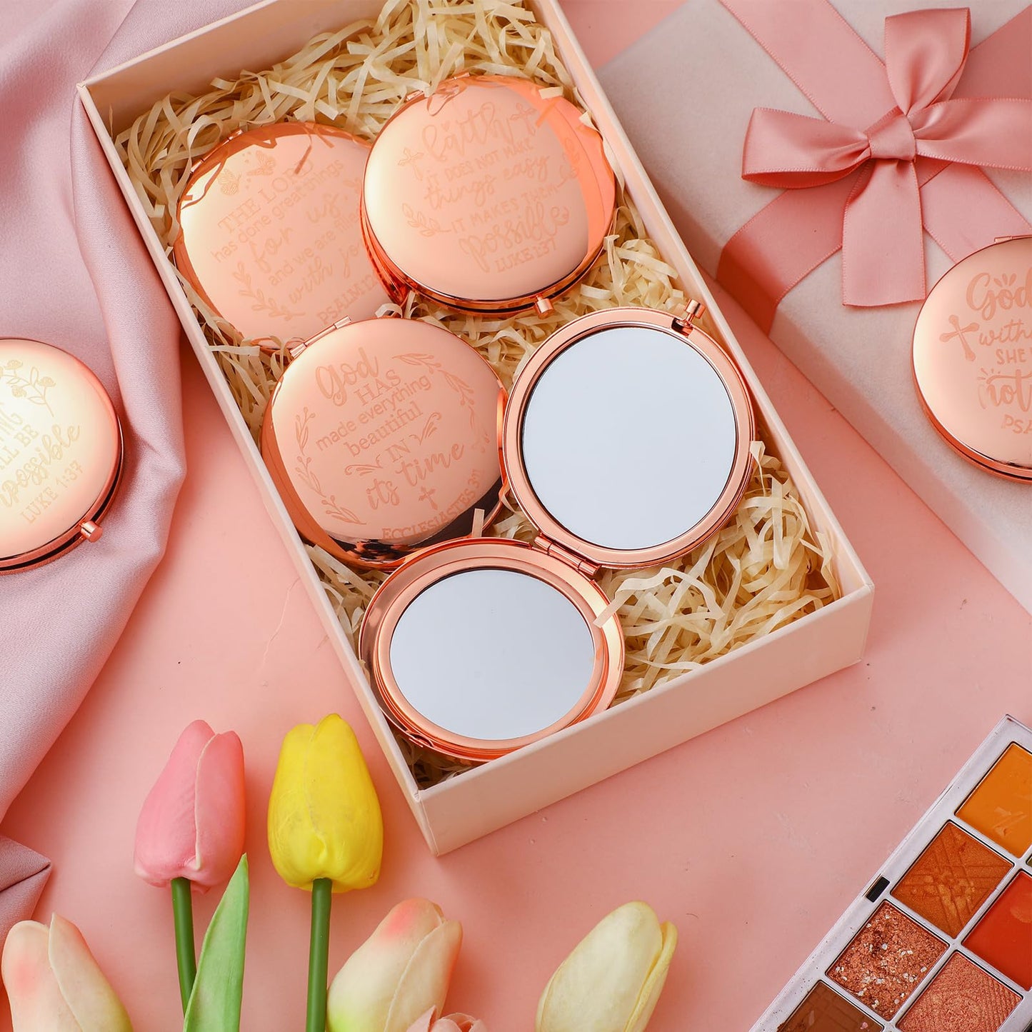 Huwena 12 Pcs Christian Gifts Mirror for Women Bulk Bible Verse Makeup Folding Compact Pocket Mirror Back to School Party Inspirational Religious Gift Teacher Coworker Employee Travel Church Baptism