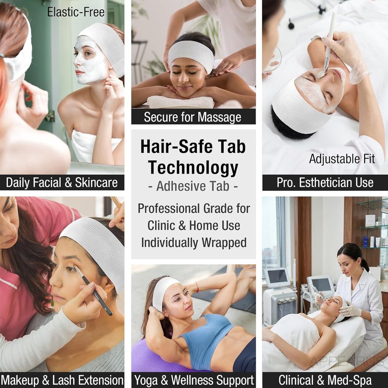 Disposable Stretch Facial Headbands - 100 Count Snag-Free Adhesive for Spa & Estheticians | White
