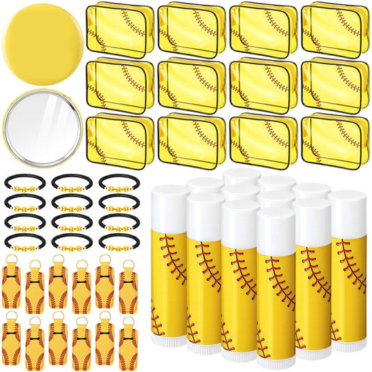 AceOrbit 60 Pcs Softball Party Favors, Softball Gifts Set Included Cosmetic Bags Polymer Clay Bracelets Lip Balms Lipstick Holder Keychains Mirrors for Women Sports Team Gifts Birthday Party Supplies