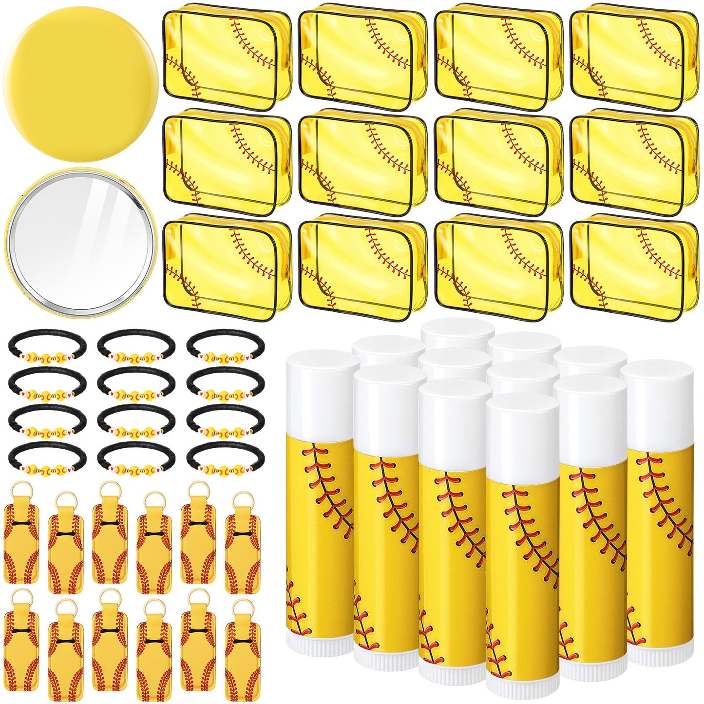 AceOrbit 60 Pcs Softball Party Favors, Softball Gifts Set Included Cosmetic Bags Polymer Clay Bracelets Lip Balms Lipstick Holder Keychains Mirrors for Women Sports Team Gifts Birthday Party Supplies